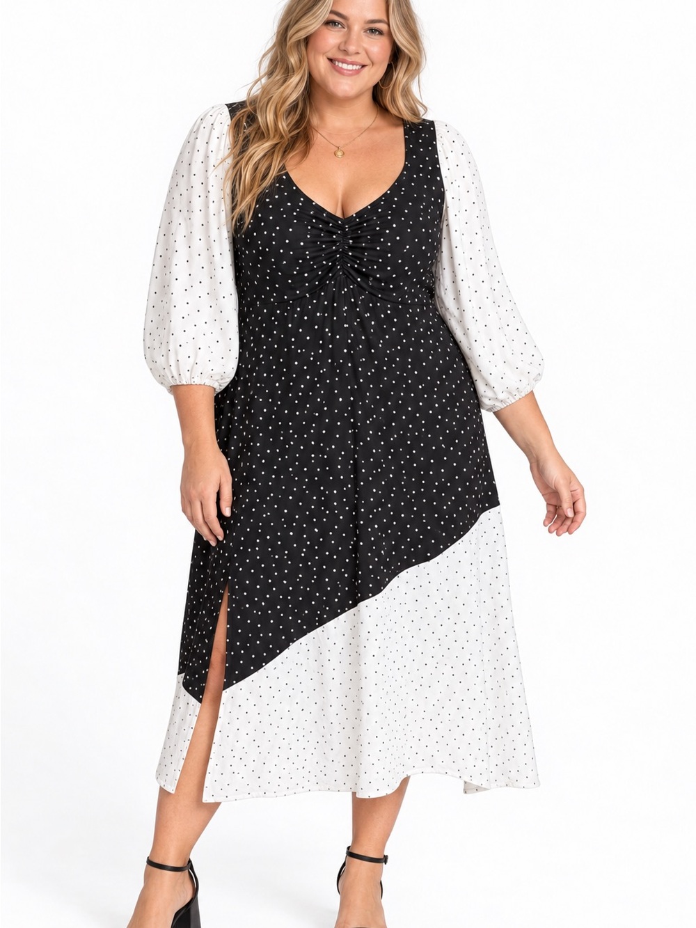 torrid Black and White Polka Dot Two-Tone Midi Dress